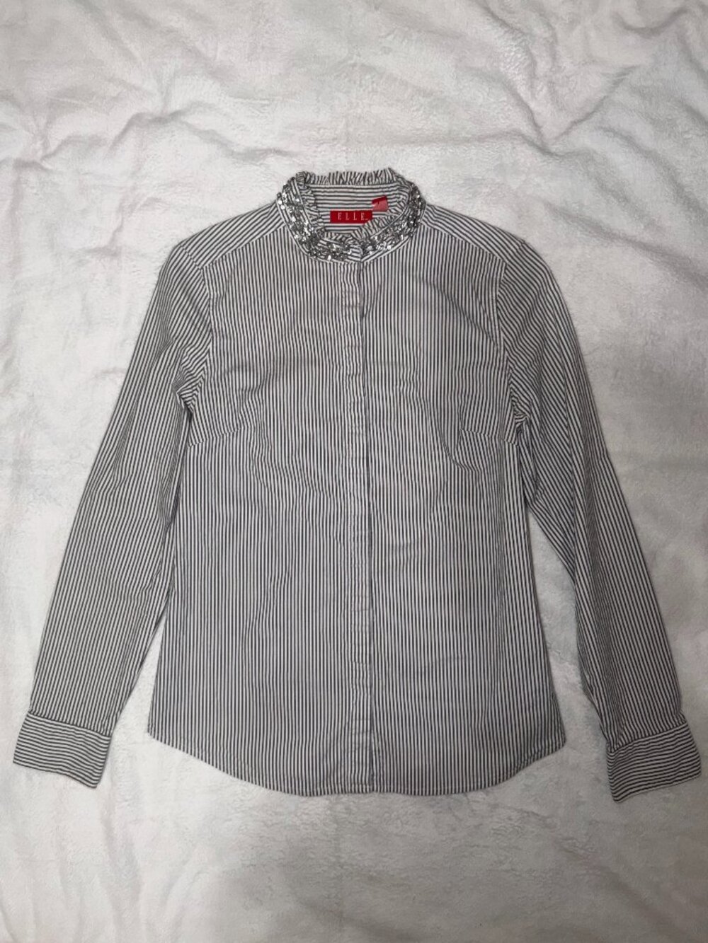 Elle Striped Button-Down Blouse with Glam Rhinestone Collar